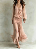 Sheer Draped Cowl Neck Ruched Maxi Dress
