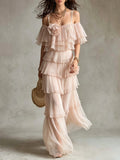 Cold Shoulder Tiered Ruffle Maxi Dress With Flower