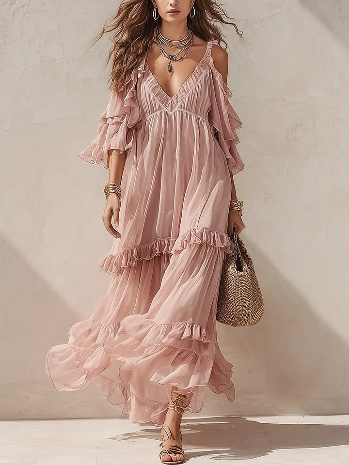 Cold Shoulder Ruffle Tiered Maxi Dress