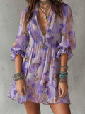 Butterfly Print Pleated V-Neck Mini Dress