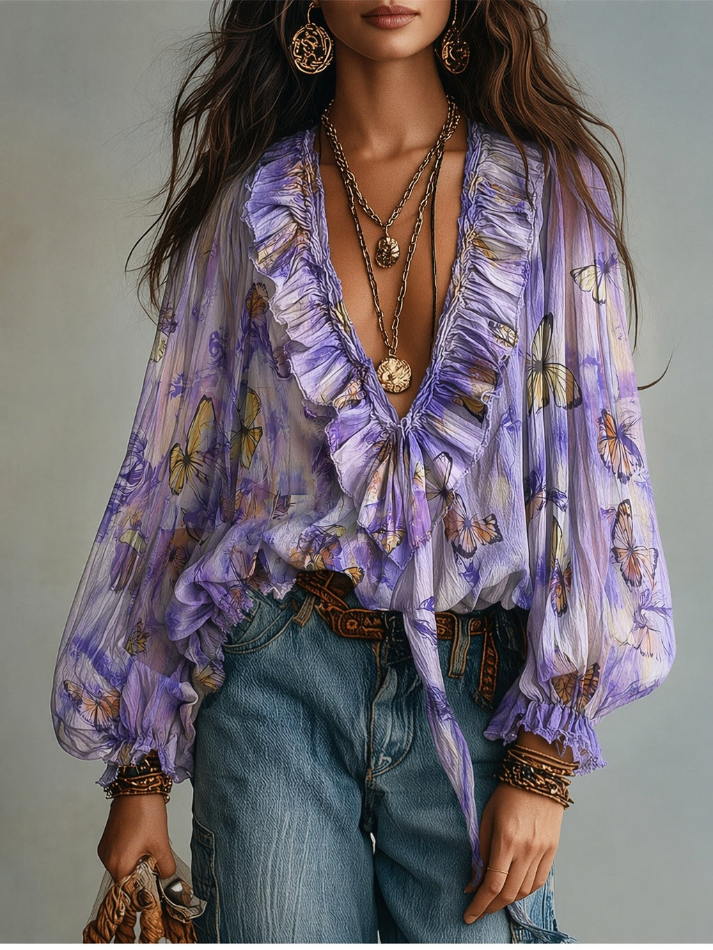 Butterfly Print Ruffle Neck Balloon Sleeve Blouse