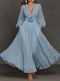 Dusty Blue Deep V-Neck Floral Applique Maxi Dress