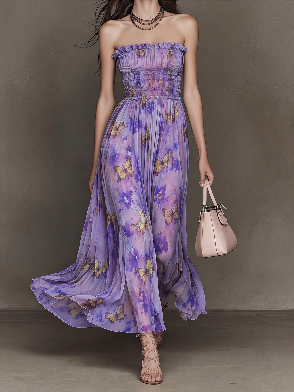 Strapless Smocked Waist Butterfly Print Maxi Dress
