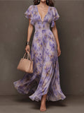 Deep V-Neck Flutter Sleeve Smocked Waist Maxi Dress