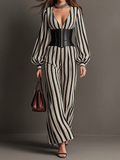 Monochrome Striped Corset Waist Maxi Jumpsuit
