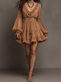 Camel Lace Trim Balloon Sleeve Ruffle Mini Dress