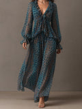 Teal Leopard Print Ruffled Long Sleeve Maxi Dress
