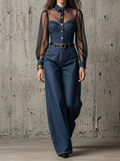 Dark Denim Contrast Sheer Sleeve Wide-Leg Jumpsuit