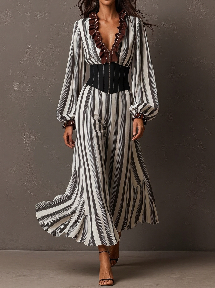 Black And White Striped Corset Belt Wide-Leg Jumpsuit