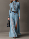 High Neck Ribbed Top And Pleated Sheer Maxi Skirt Set