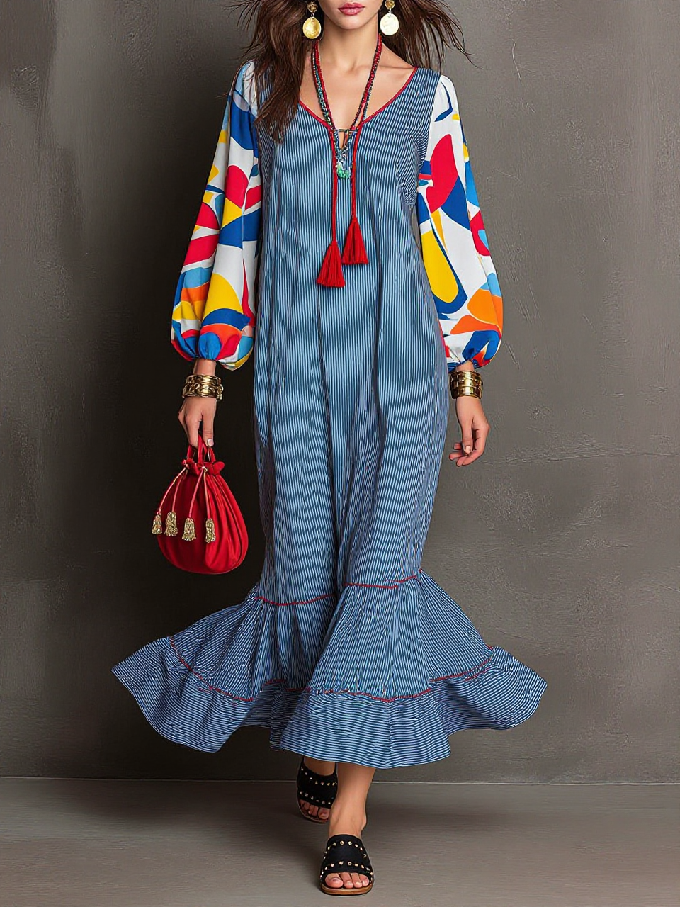 Color-Block Sleeve Tie Tassel Striped Maxi Dress