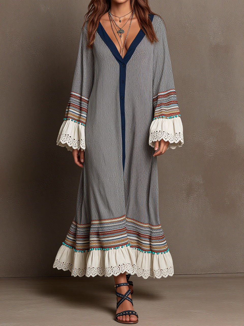 Boho Striped Contrast Lace Sleeve Ruffle Maxi Dress