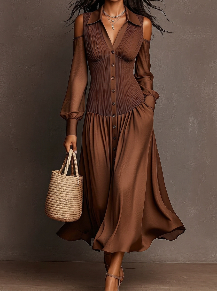 Cold Shoulder Pleated Midi Shirt Dress