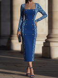 Blue Leopard Print Square Neck Midi Dress