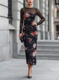 Sheer Neck Ruched Draped Mermaid Maxi Dress