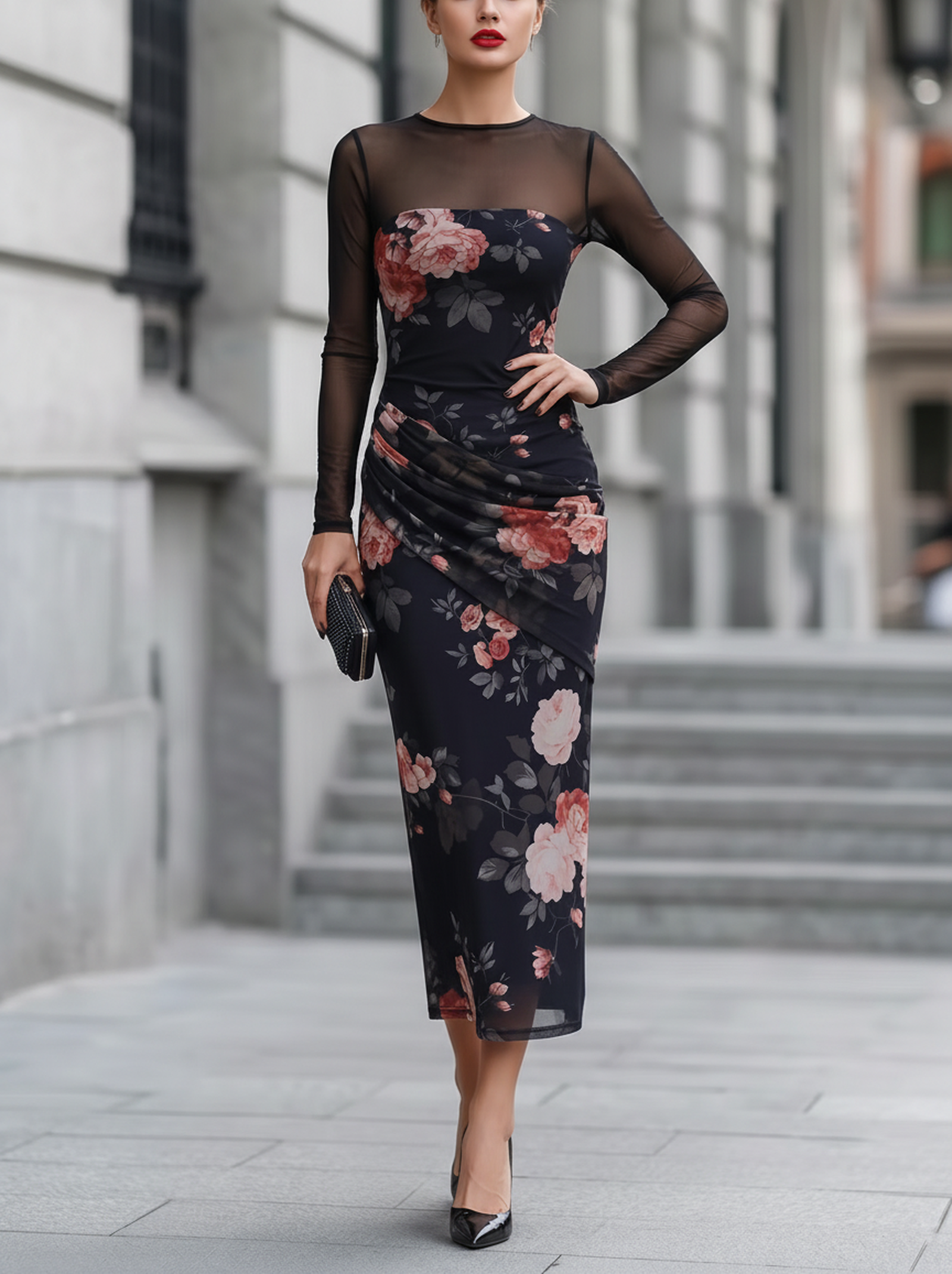 Sheer Neck Ruched Draped Mermaid Maxi Dress