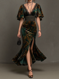 Teal Velvet Burnout Lace Trim Maxi Dress