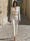 Long-Sleeved Draped High-Neck Solid Elegant Jumpsuit
