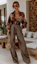 Earth-Tone Geometric Print Belted Shirt And Trousers Set
