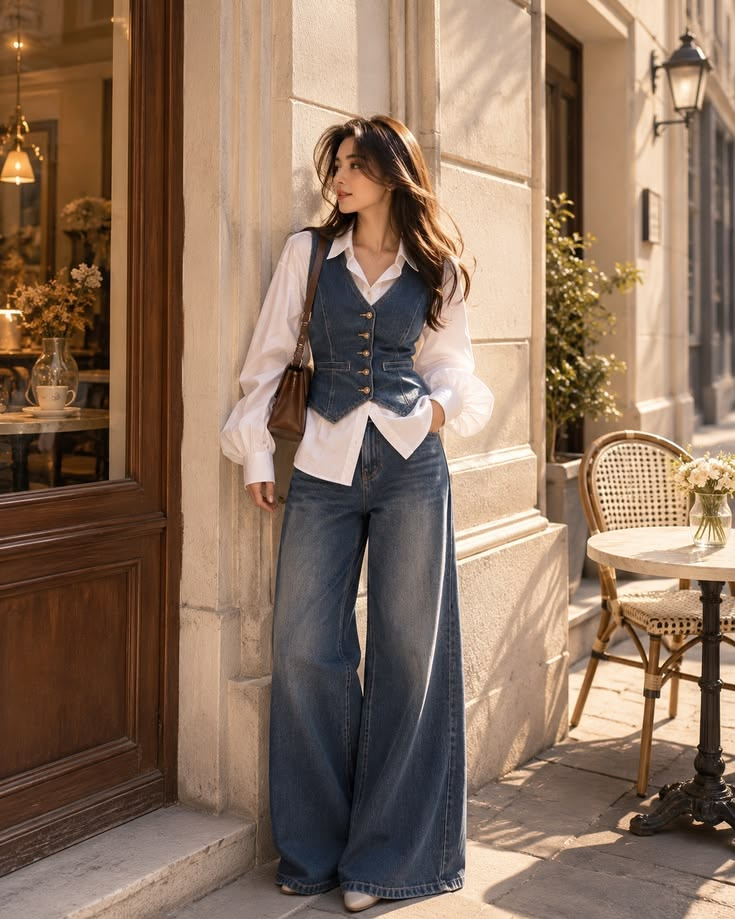 White Balloon Sleeve Shirt And Denim Vest Layered Set