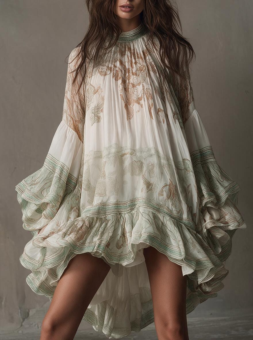 Semi-Sheer High Neck Ruffle High-Low Tunic Dress