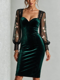 Emerald Velvet Floral Embroidery Sheer Sleeve Dress