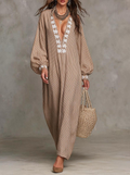 Beige Stripe Embroidered Deep V-Neck Maxi Dress
