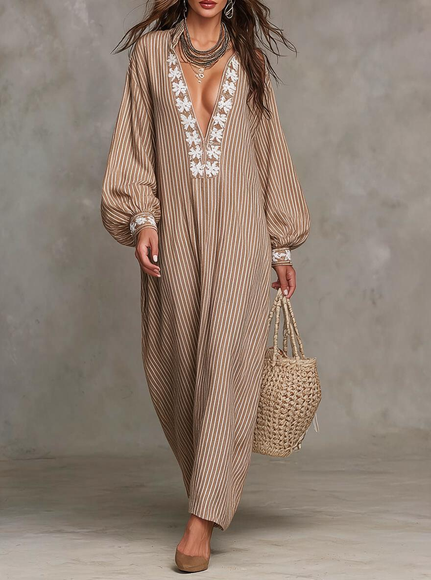 Beige Stripe Embroidered Deep V-Neck Maxi Dress