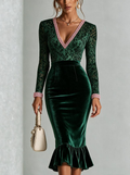 Emerald Velvet Pearl Trim Ruffle Midi Dress