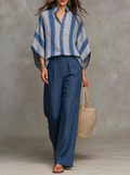 Blue Stripe High-Low Tunic And Wide-Leg Pants Set