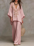 Dusty Pink Embroidered Flowy Tunic And Pants Set