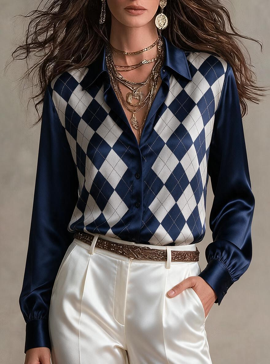 Navy Argyle Print Satin Shirt
