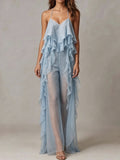 Light Blue Sheer Ruffle Halter Jumpsuit