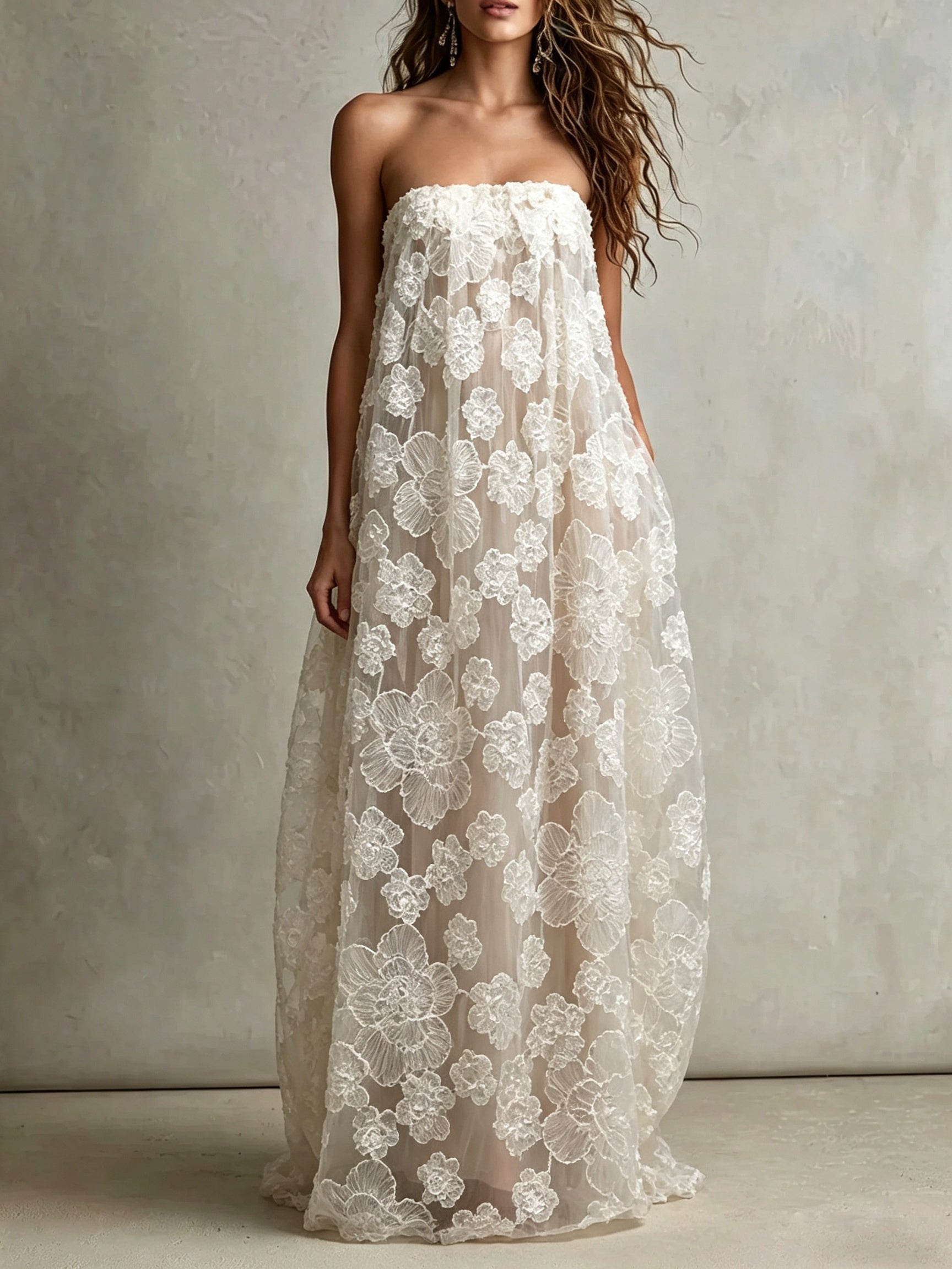 White Floral Applique Strapless Maxi Dress