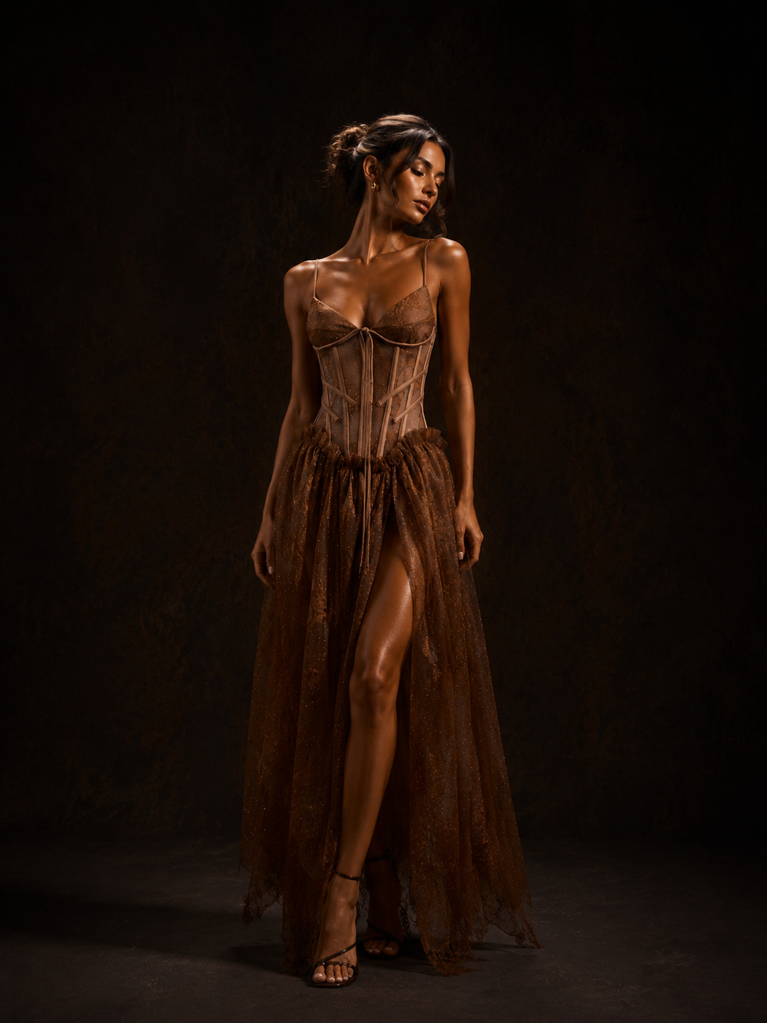 Bronze Lace Corset High-Slit Maxi Dress
