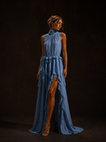 Powder Blue High Neck Tiered Ruffle Dress