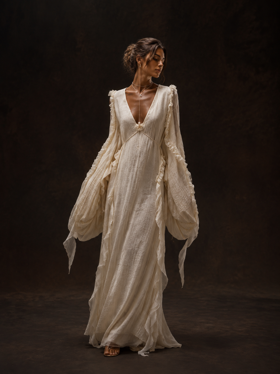 Cream Deep V-Neck Ruffle Sleeve Maxi Dress