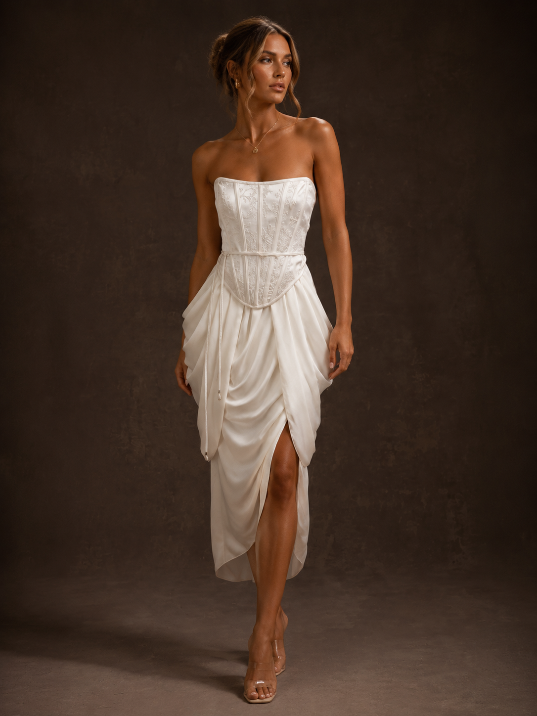 White Lace Corset Draped Midi Dress – Giacenter