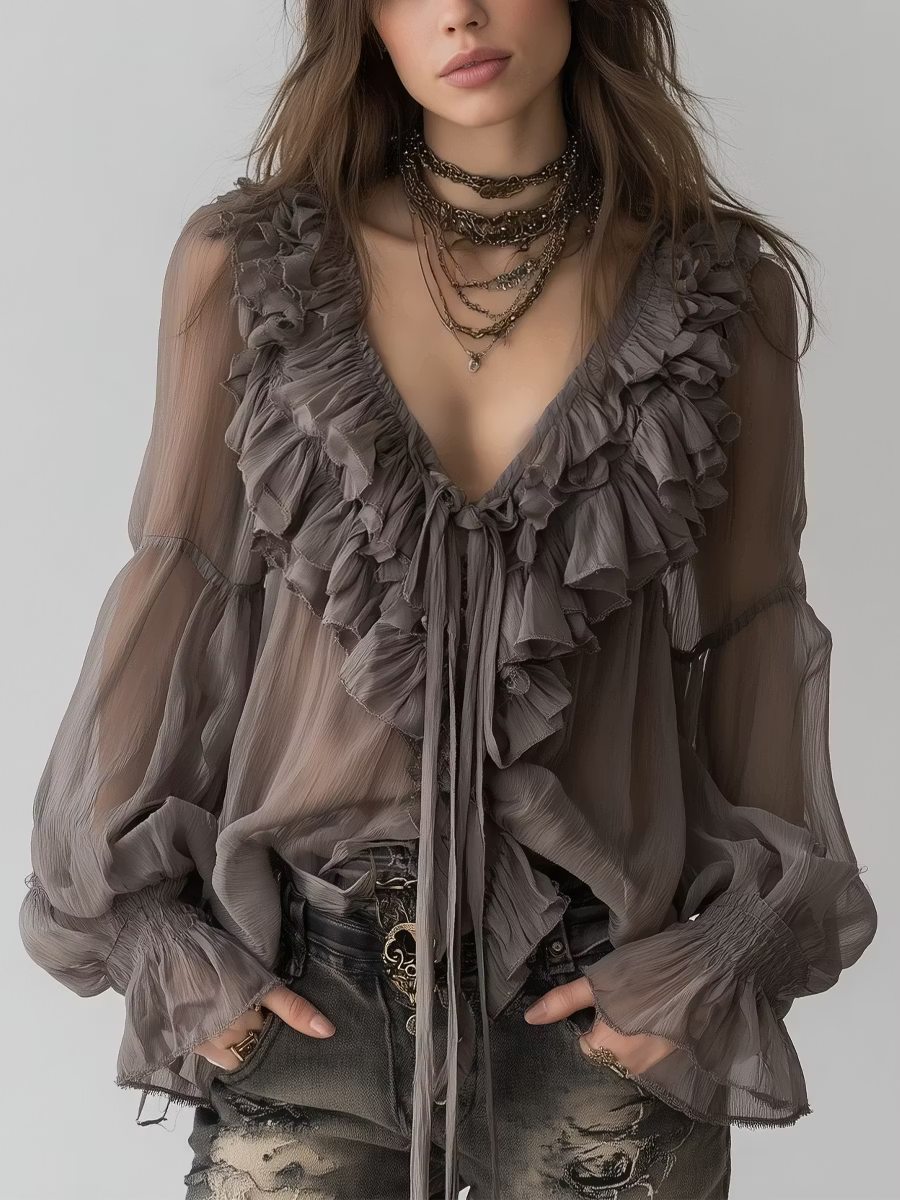Charcoal Ruffle Tie-Front Sheer Blouse