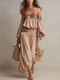 Beige Sequin Off-Shoulder Jumpsuit