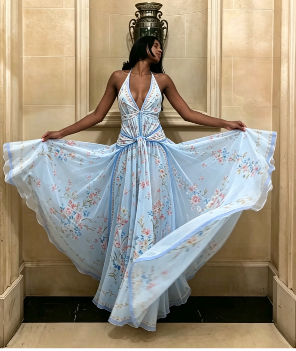 Light Blue Floral Halter Maxi Dress