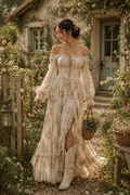 Cream Floral Off-Shoulder Corset Maxi Dress