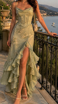 Sage Green Floral Corset Ruffle Maxi Dress