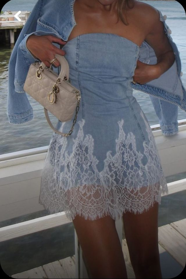 Light Blue Denim Lace Hem Mini Dress