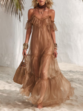 Mocha Off-Shoulder Tiered Ruffle Maxi Dress