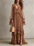 Mocha Sheer Tiered Ruffle Maxi Dress