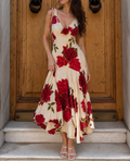Cream Red Floral Tie-Shoulder Maxi Dress