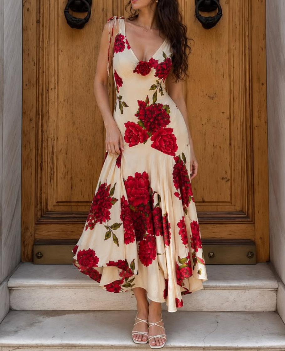Cream Red Floral Tie-Shoulder Maxi Dress