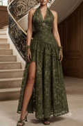 Olive Green Halter Lace High Slit Tiered Maxi Dress