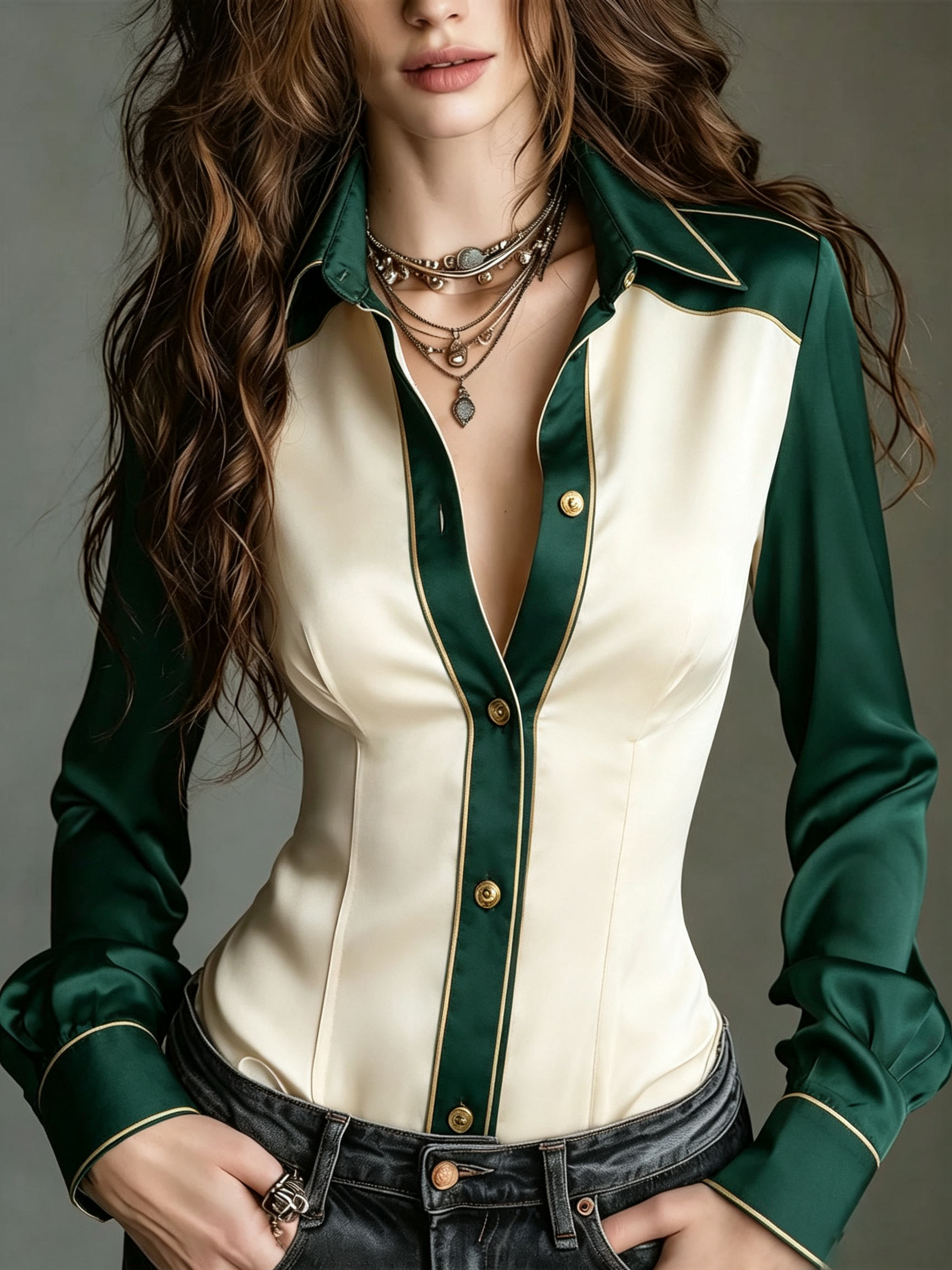 Cream Green Contrast Panel Satin Shirt